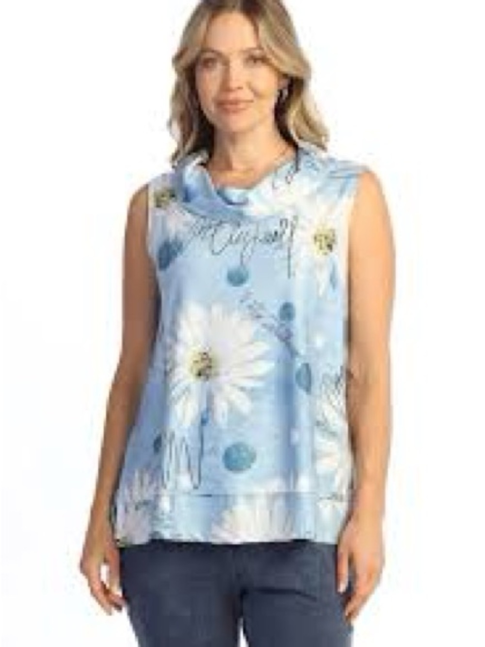 Jess and Jane Claire sleeveless top stylish cowl neck  blue floral daisy Large